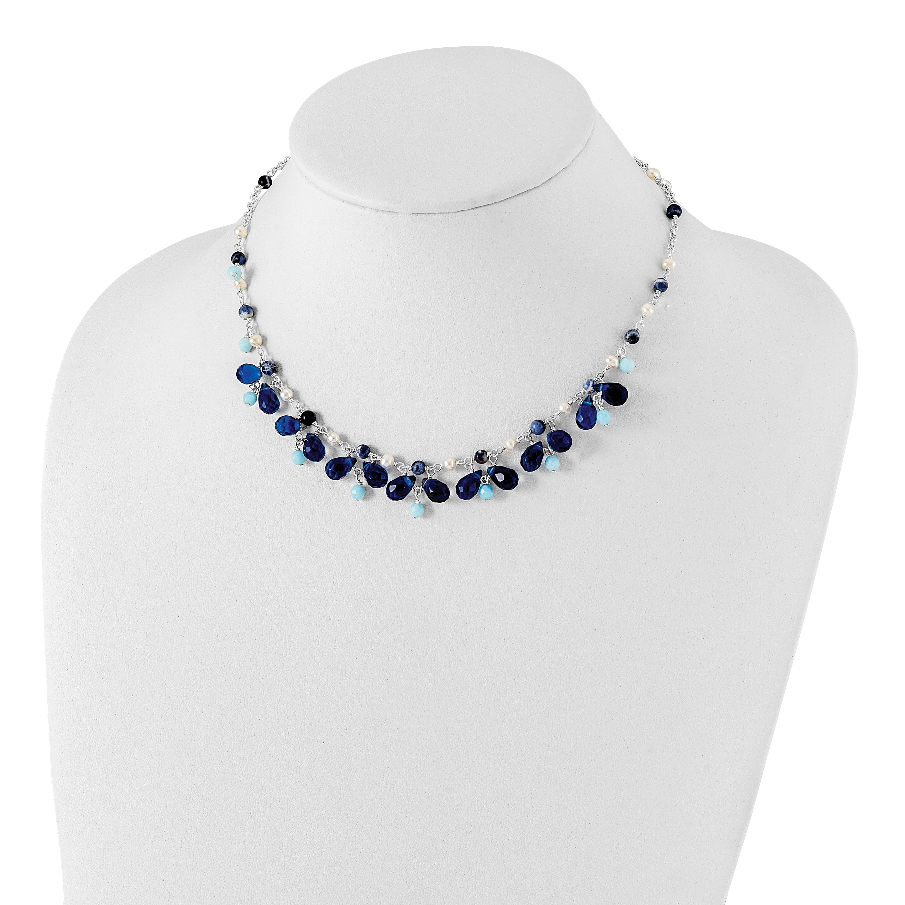 Sterling Silver Blue Crystal/Lapis/Amazonite/FW Cultured Pearl Neck