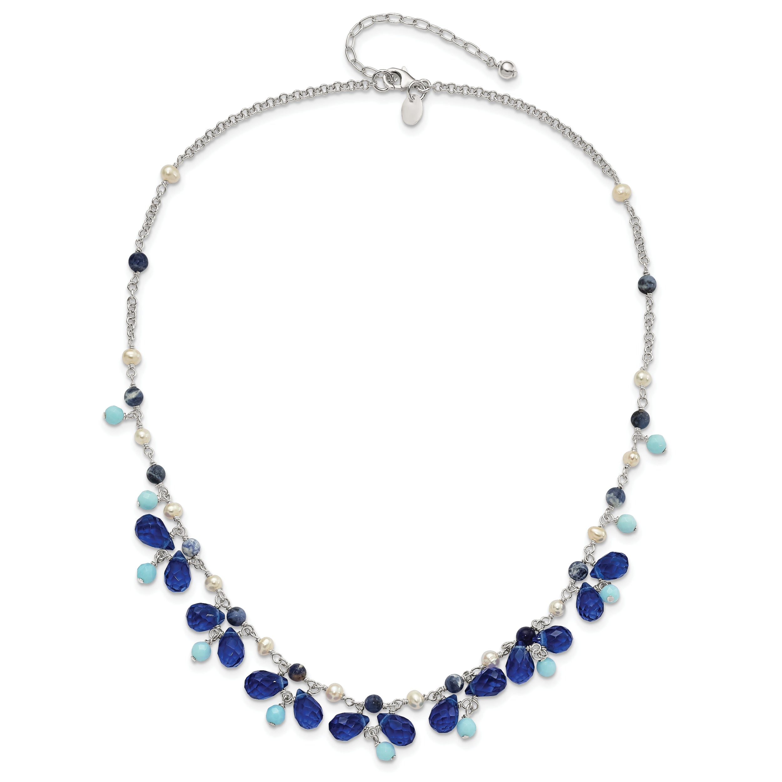 Sophia Jewelers 925 Sterling Silver Blue Crystal and Pearl Beaded Necklace