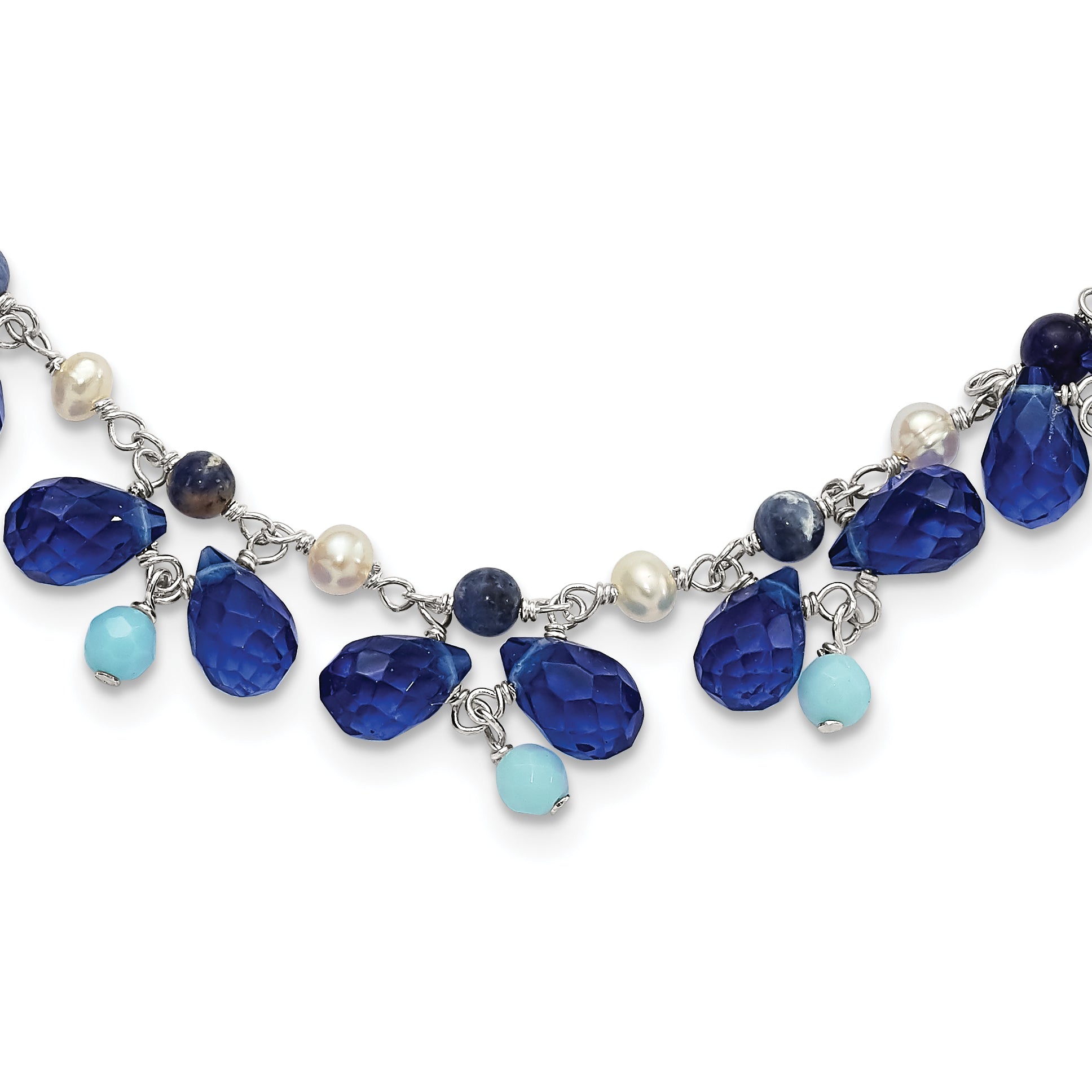 Sterling Silver Blue Crystal/Lapis/Amazonite/FW Cultured Pearl Neck