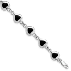 Sterling Silver Rhodium-plated 7inch Fancy Polished Heart Onyx Bracelet