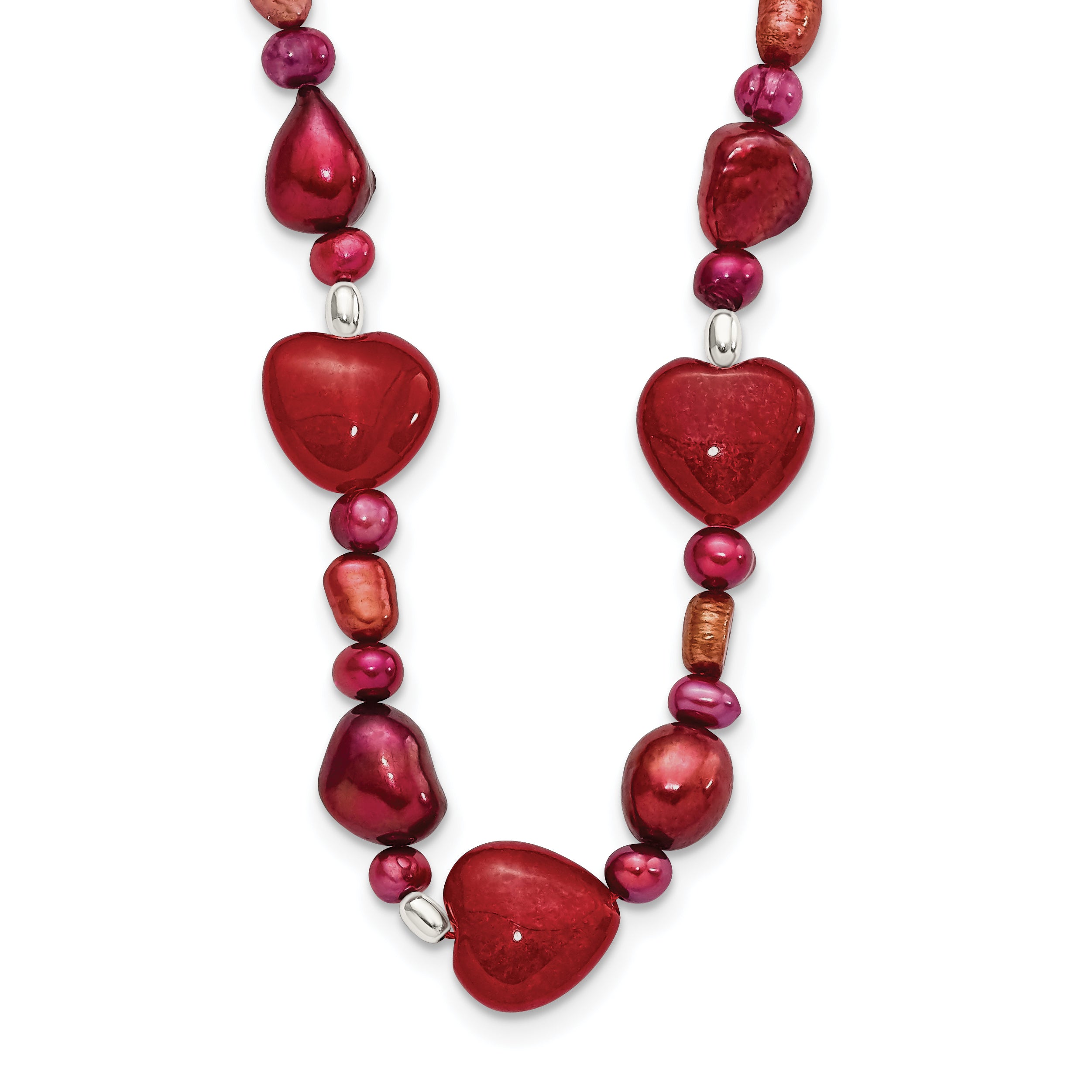 Sterling Silver Red Jade Hearts/FW Cultured Pearl Necklace