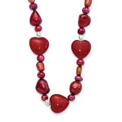 Sterling Silver Red Jade Hearts/FW Cultured Pearl Necklace