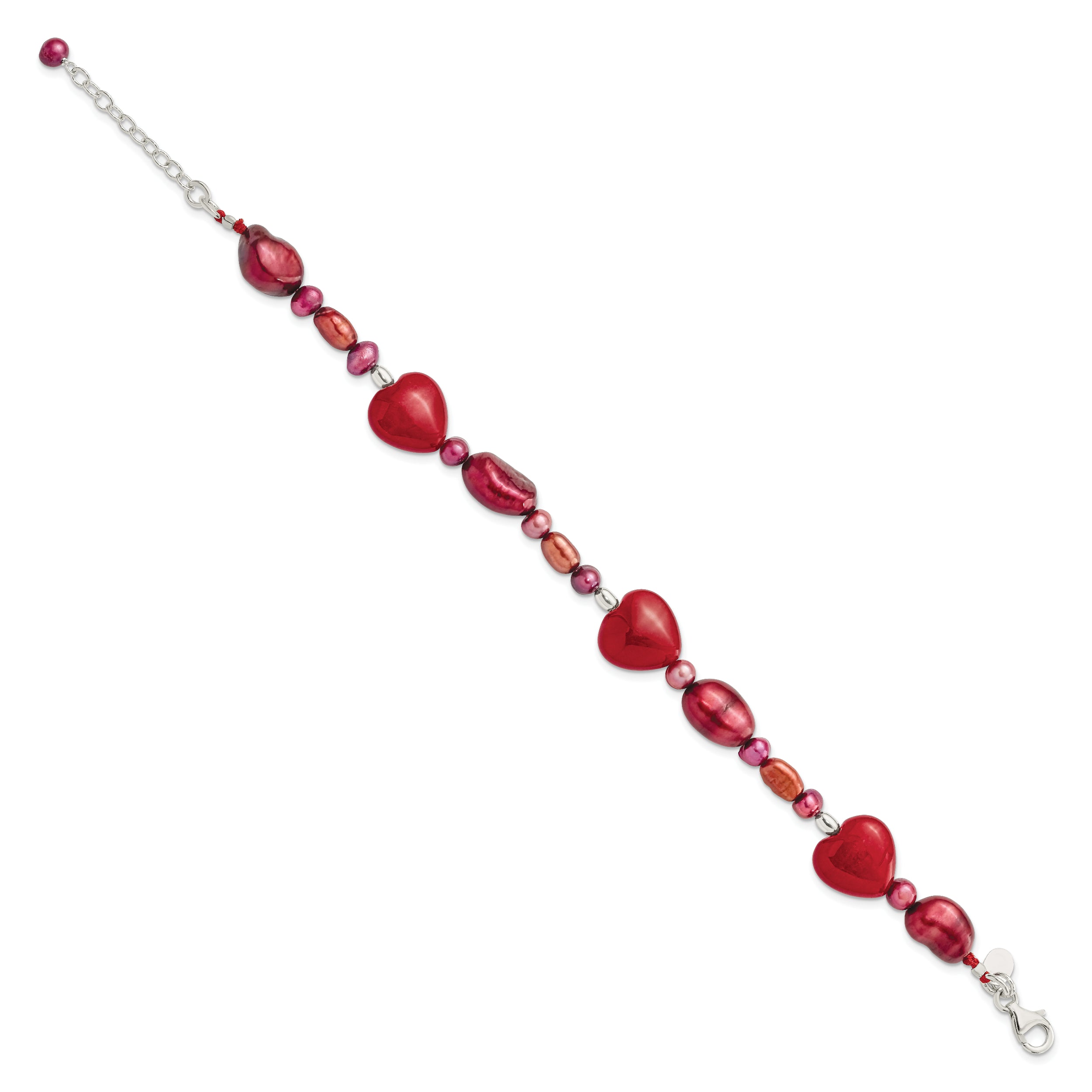 Sterling Silver Red Jade Hearts/FW Cultured Pearl Bracelet