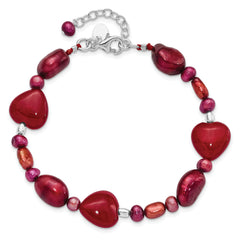 Sterling Silver Red Jade Hearts/FW Cultured Pearl Bracelet