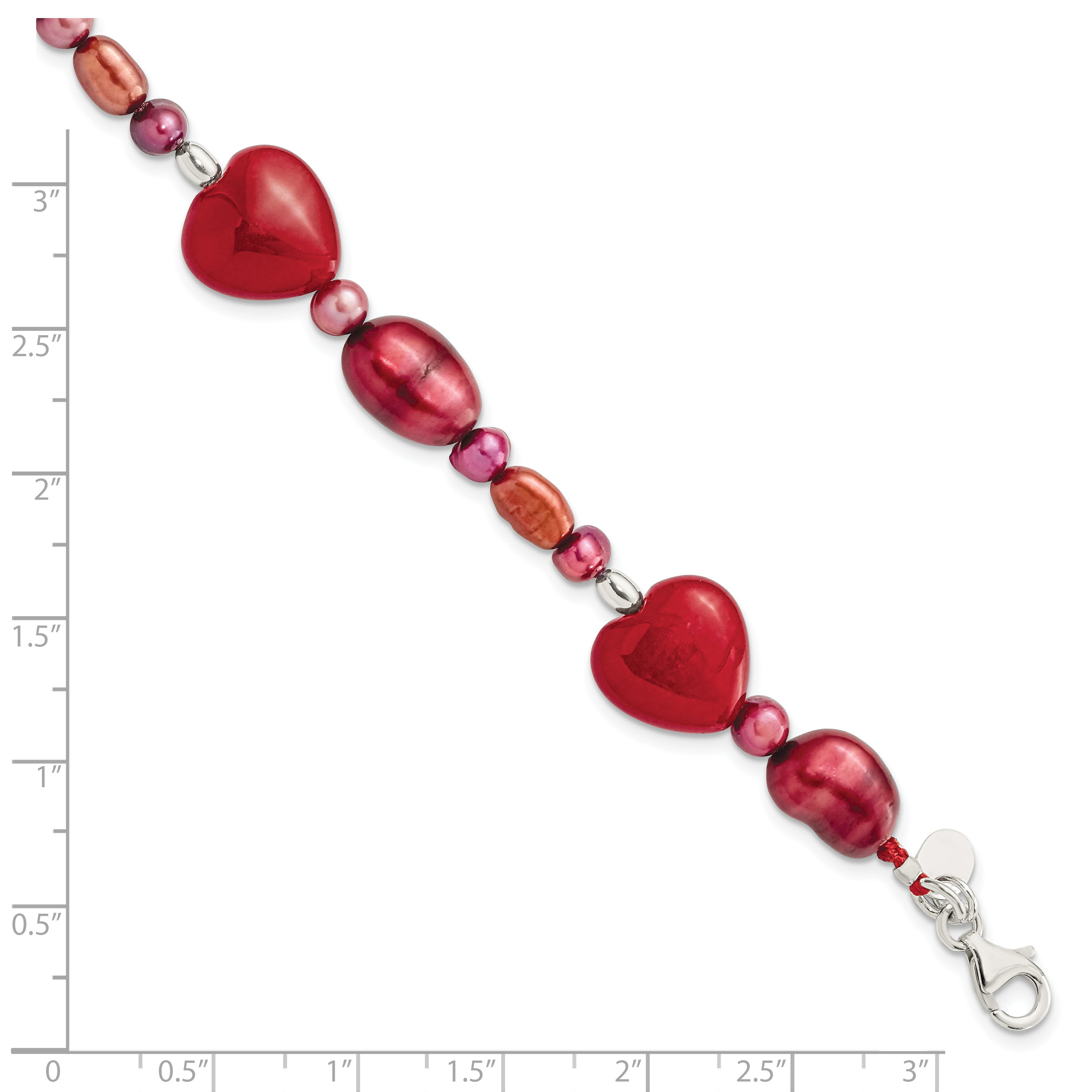 Sterling Silver Red Jade Hearts/FW Cultured Pearl Bracelet