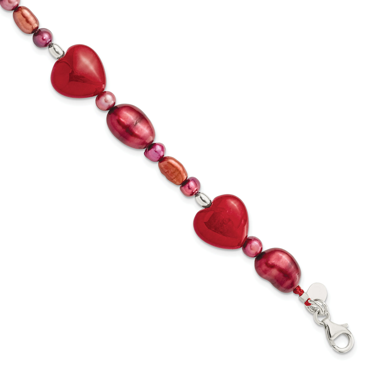 Sterling Silver Red Jade Hearts/FW Cultured Pearl Bracelet