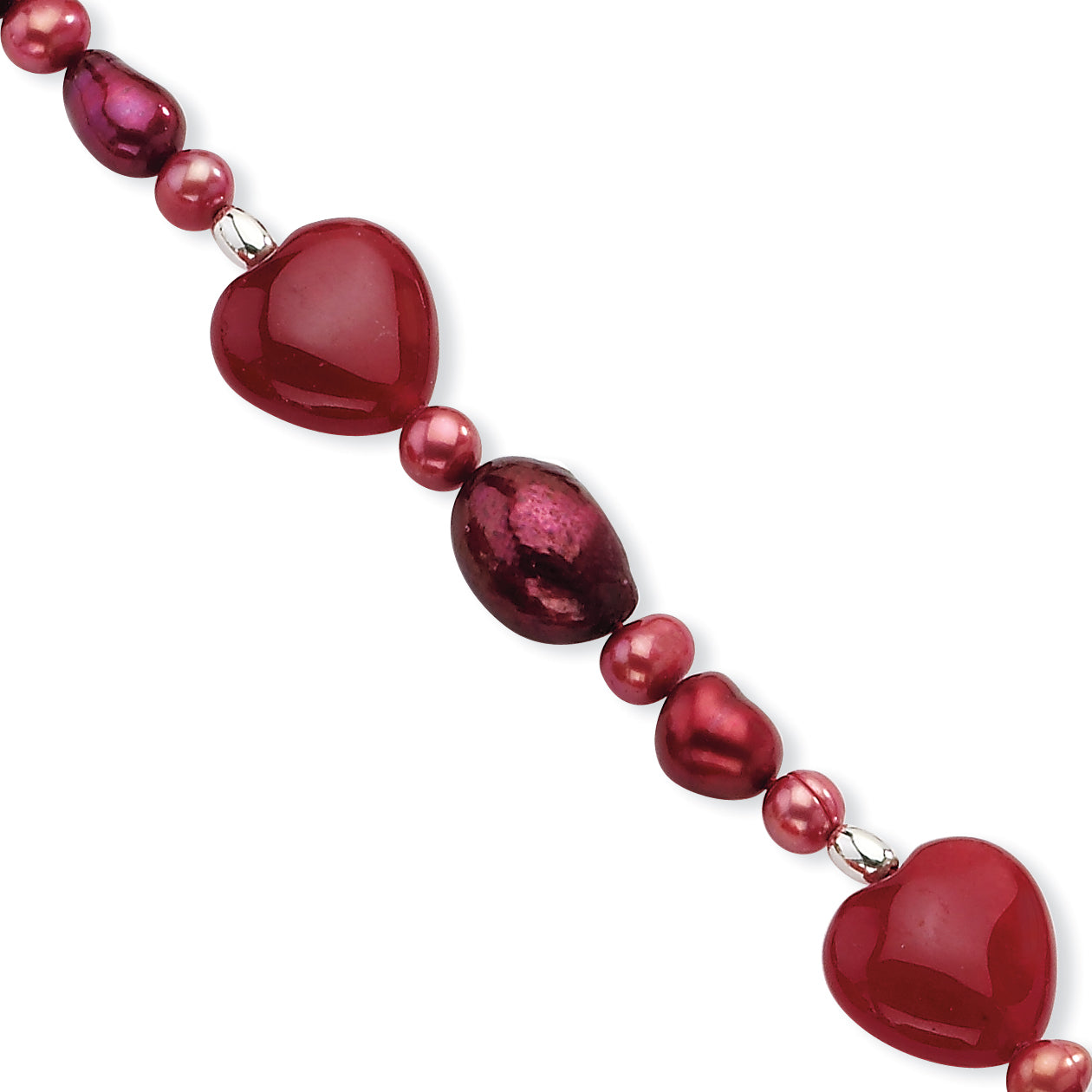 Sterling Silver Red Jade Hearts/FW Cultured Pearl Bracelet