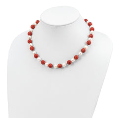 Sterling Silver Rhod-pltd FWC Pearl / Stabilized Red Coral Necklace