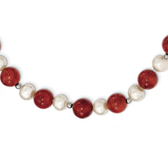 Sterling Silver Rhod-pltd FWC Pearl / Stabilized Red Coral Necklace