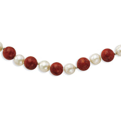 Sterling Silver Rhod-pltd FWC Pearl / Stabilized Red Coral Necklace