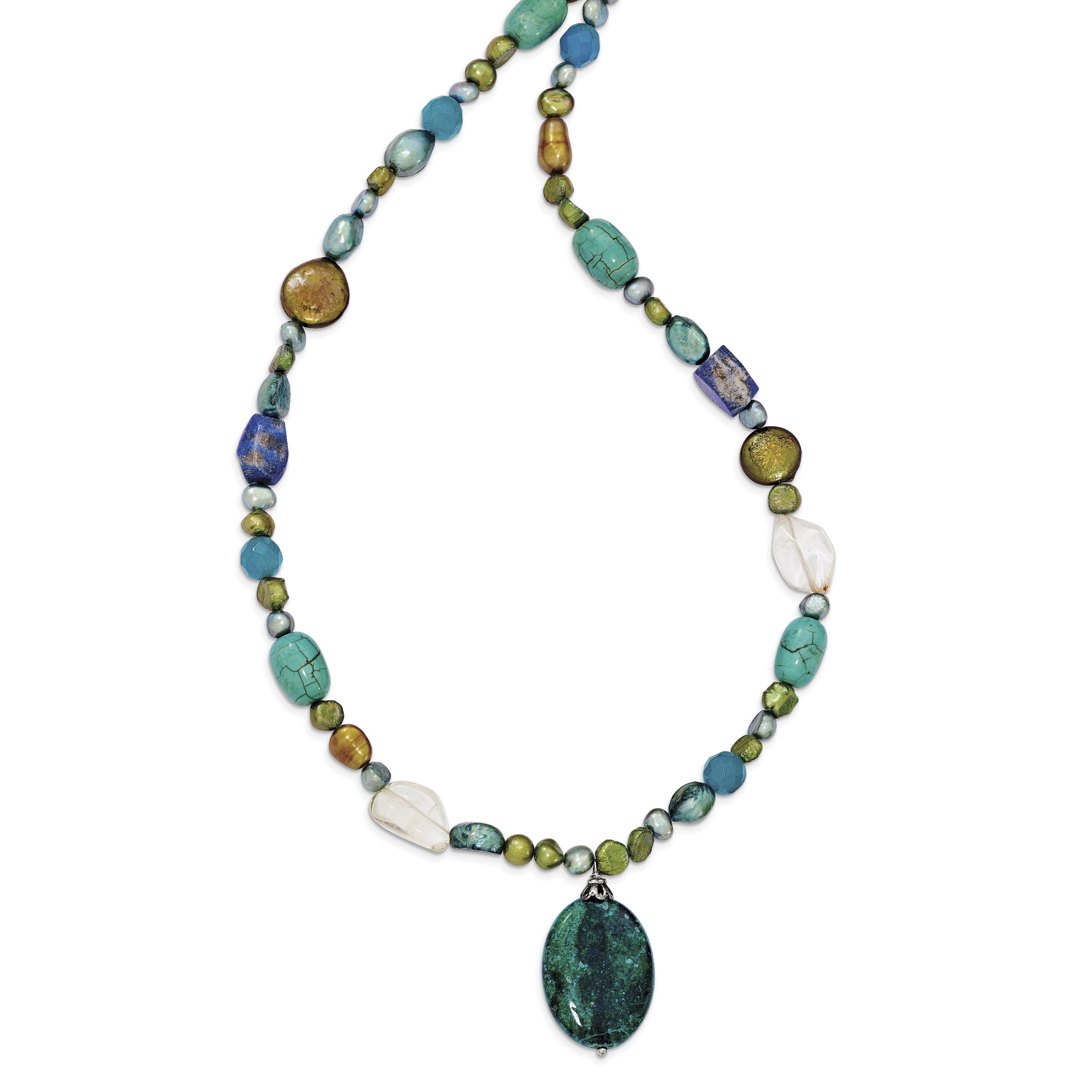 Sterling Silver 925 Beaded Necklace with Citrine Agate Lapis Charm