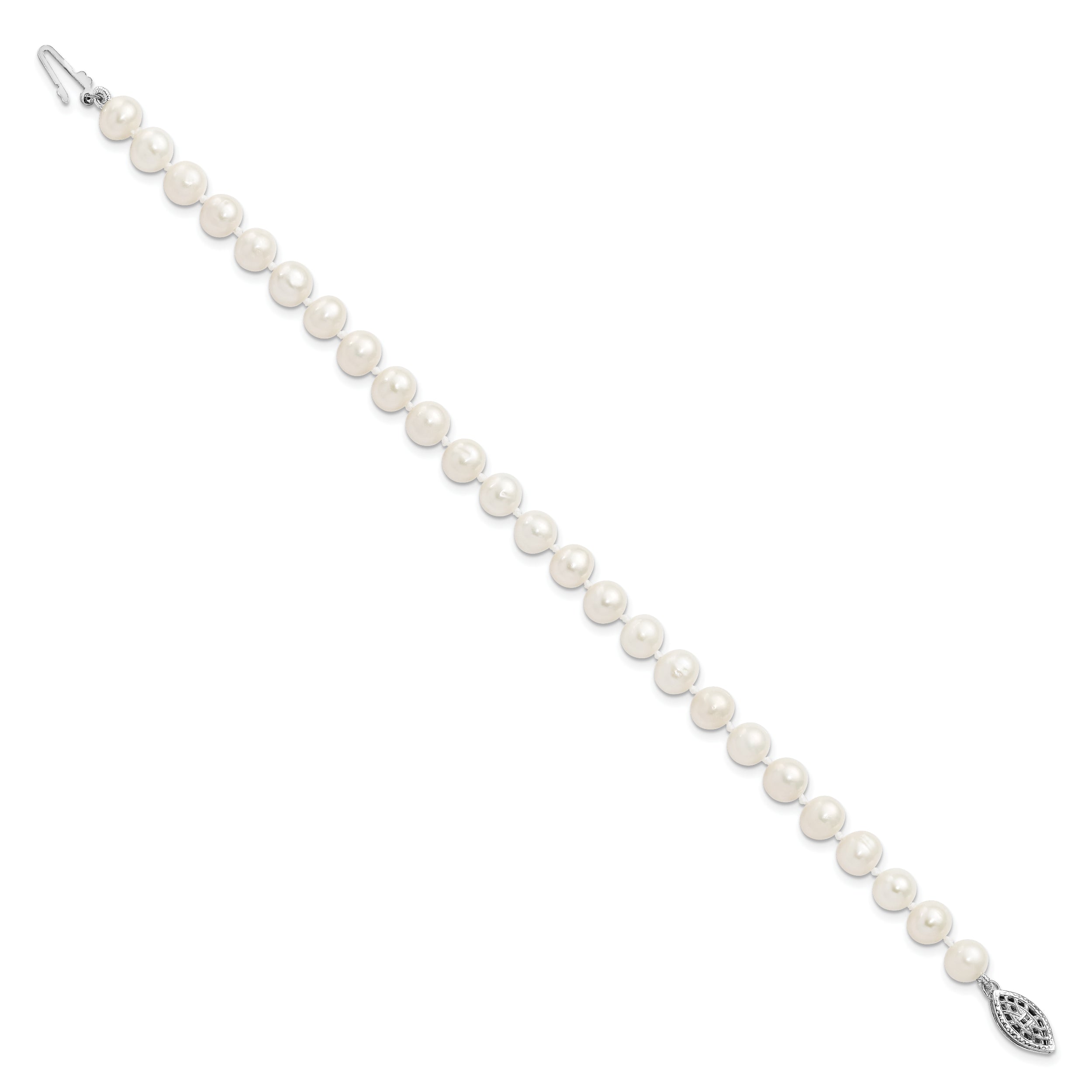 Sterling Silver Rhodium 6-7mm White Freshwater Cultured Pearl Bracelet