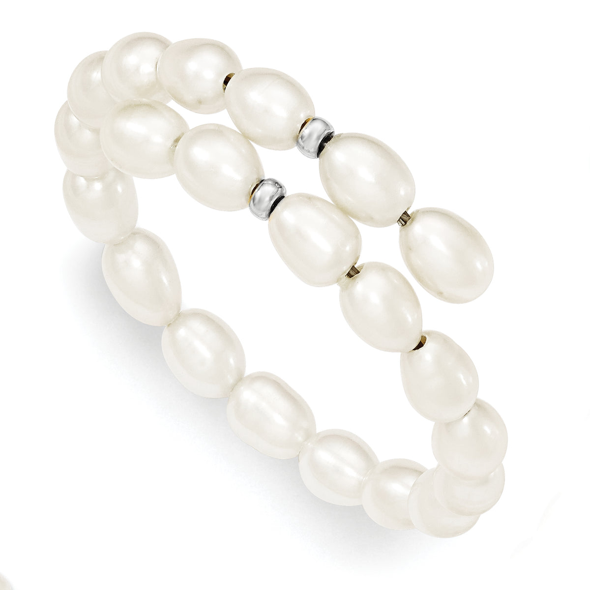 Sterling Silver RH 7-8mm White Rice FW Cultured Pearl Flexible Bracelet