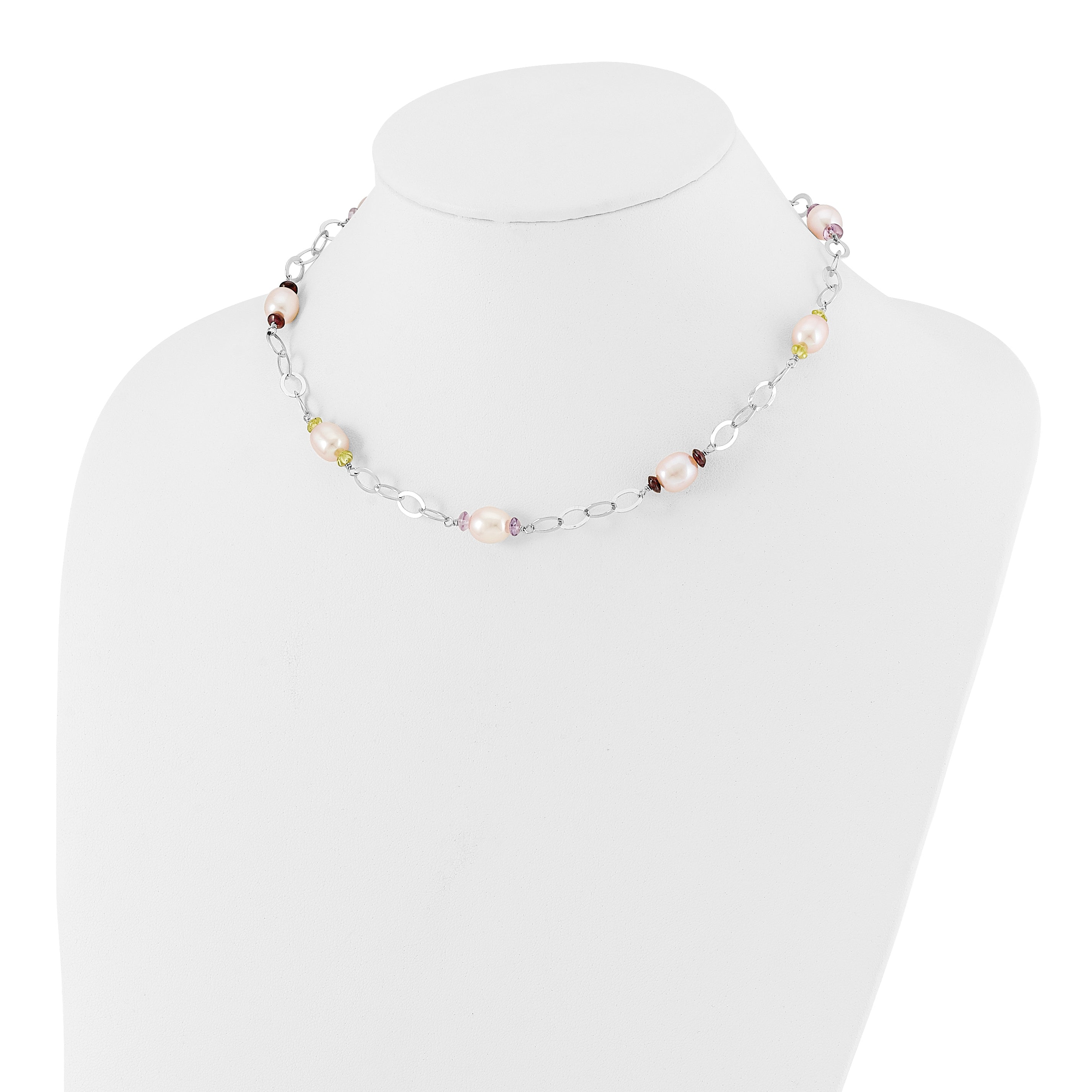 Sterling Silver 8-9mm Purple Freshwater Cultured Pearl & Multicolor Stone w/2in ext. Necklace