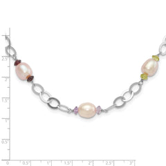 Sterling Silver 8-9mm Purple Freshwater Cultured Pearl & Multicolor Stone w/2in ext. Necklace