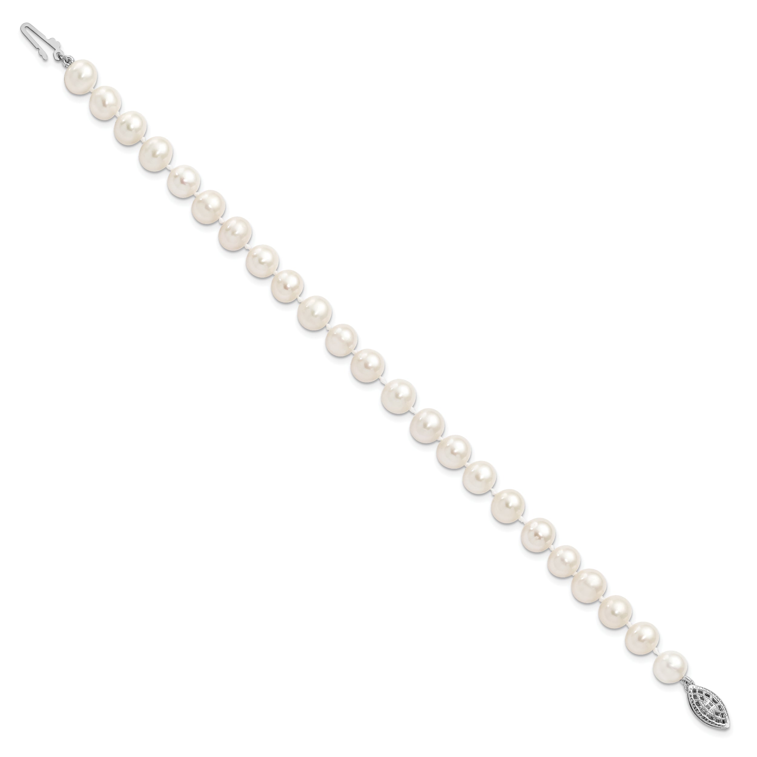 Sterling Silver Rhodium 7-8mm White Freshwater Cultured Pearl Bracelet