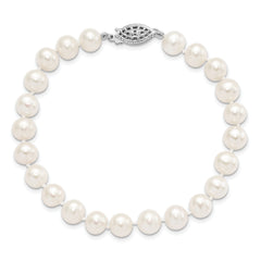 Sterling Silver Rhodium 7-8mm White Freshwater Cultured Pearl Bracelet