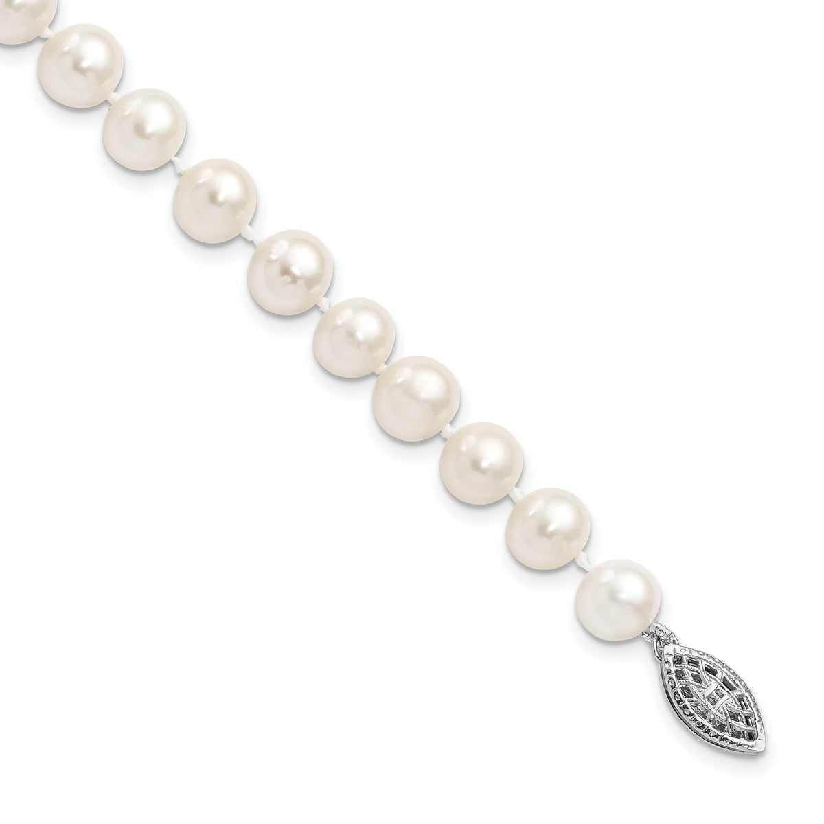 Sterling Silver Rhodium 7-8mm White Freshwater Cultured Pearl Bracelet