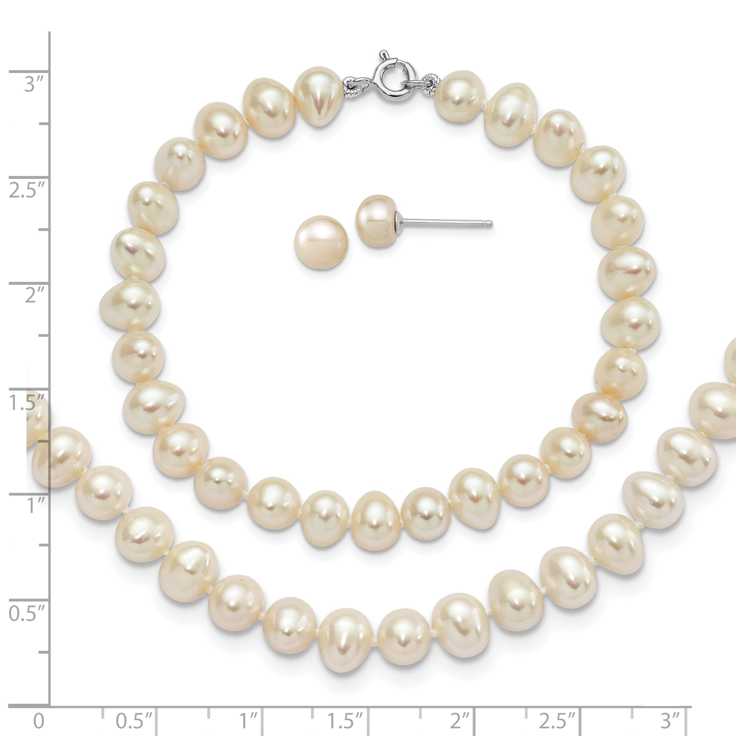 Sterling Silver Rh-p 6-7mm FWC Pearl Necklace 7.25 Brace & 1pc Earring Set