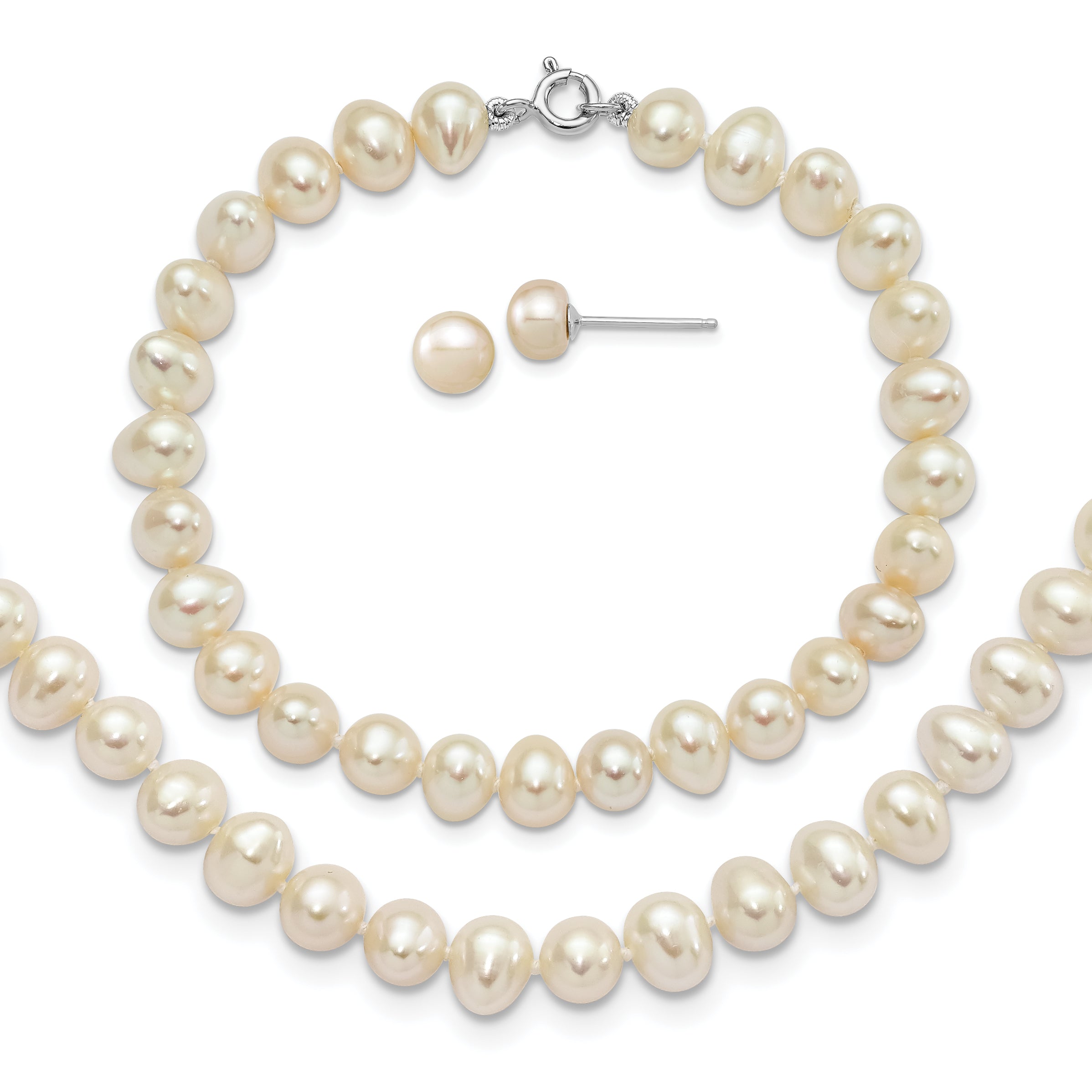 Sterling Silver Rh-p 6-7mm FWC Pearl Necklace 7.25 Brace & 1pc Earring Set