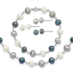 Sterling Silver Rhodium FWC Pearl Necklace/ Bracelet/3pc Earring Set