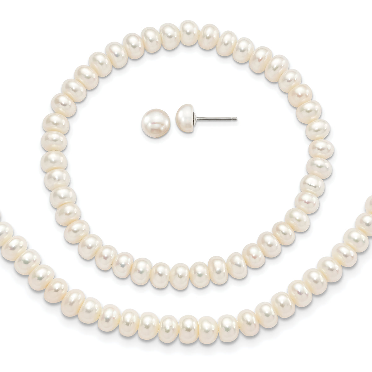 Sterling Silver Rhod-pltd White 6-7mm 3 piece FW Cultured Pearl Set