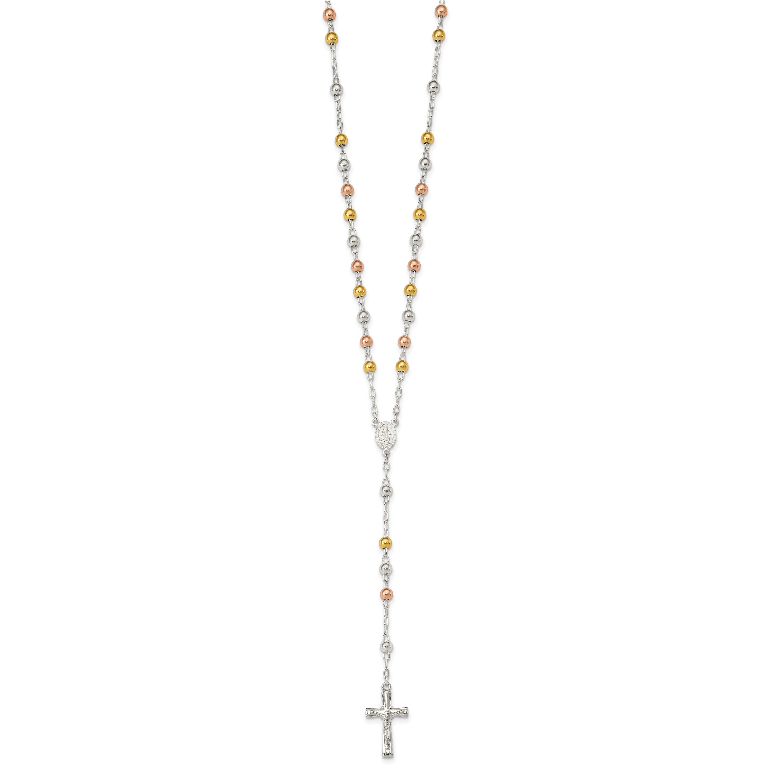 Sterling Silver Polished Rosary Tri-color Beads Necklace