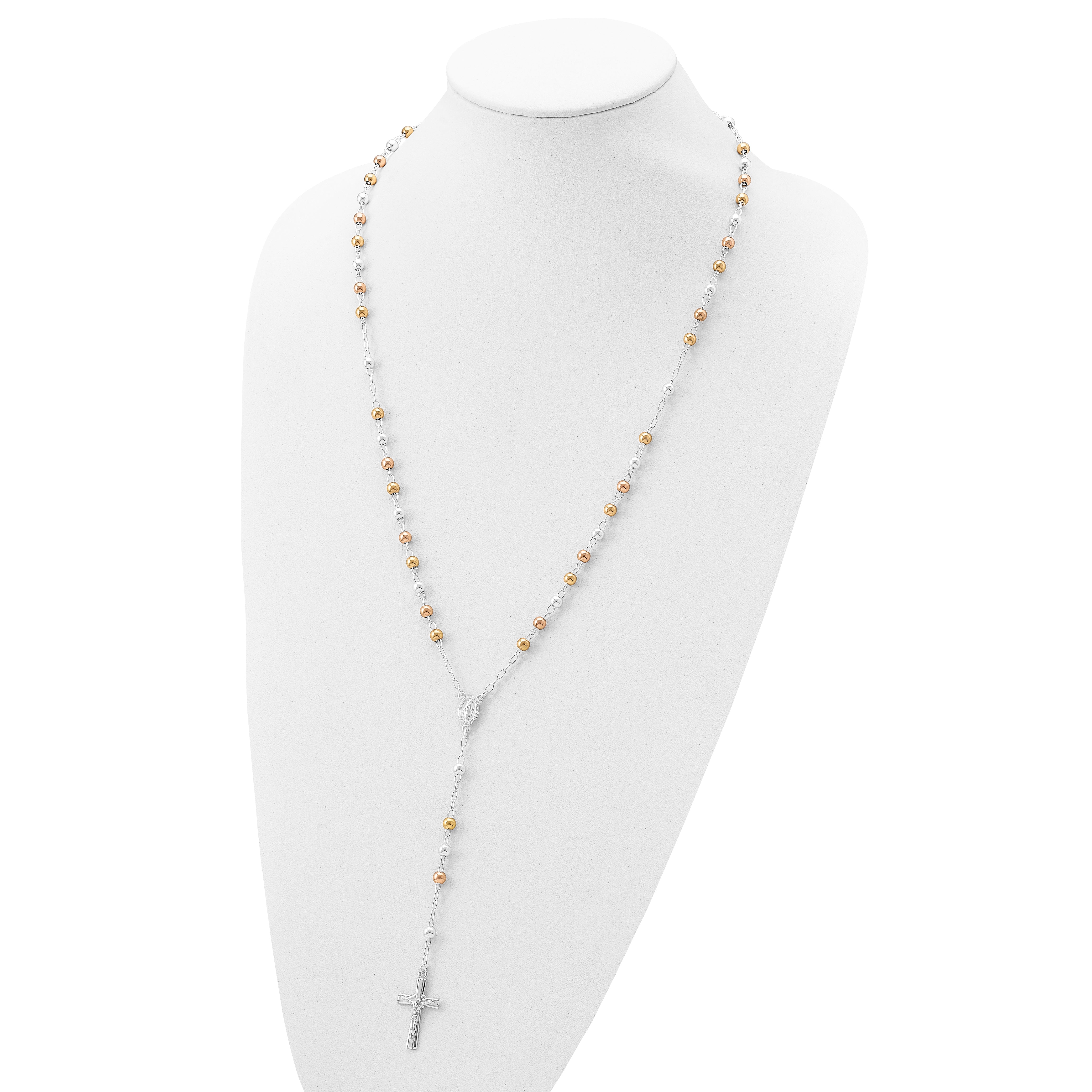 Sterling Silver Polished Rosary Tri-color Beads Necklace