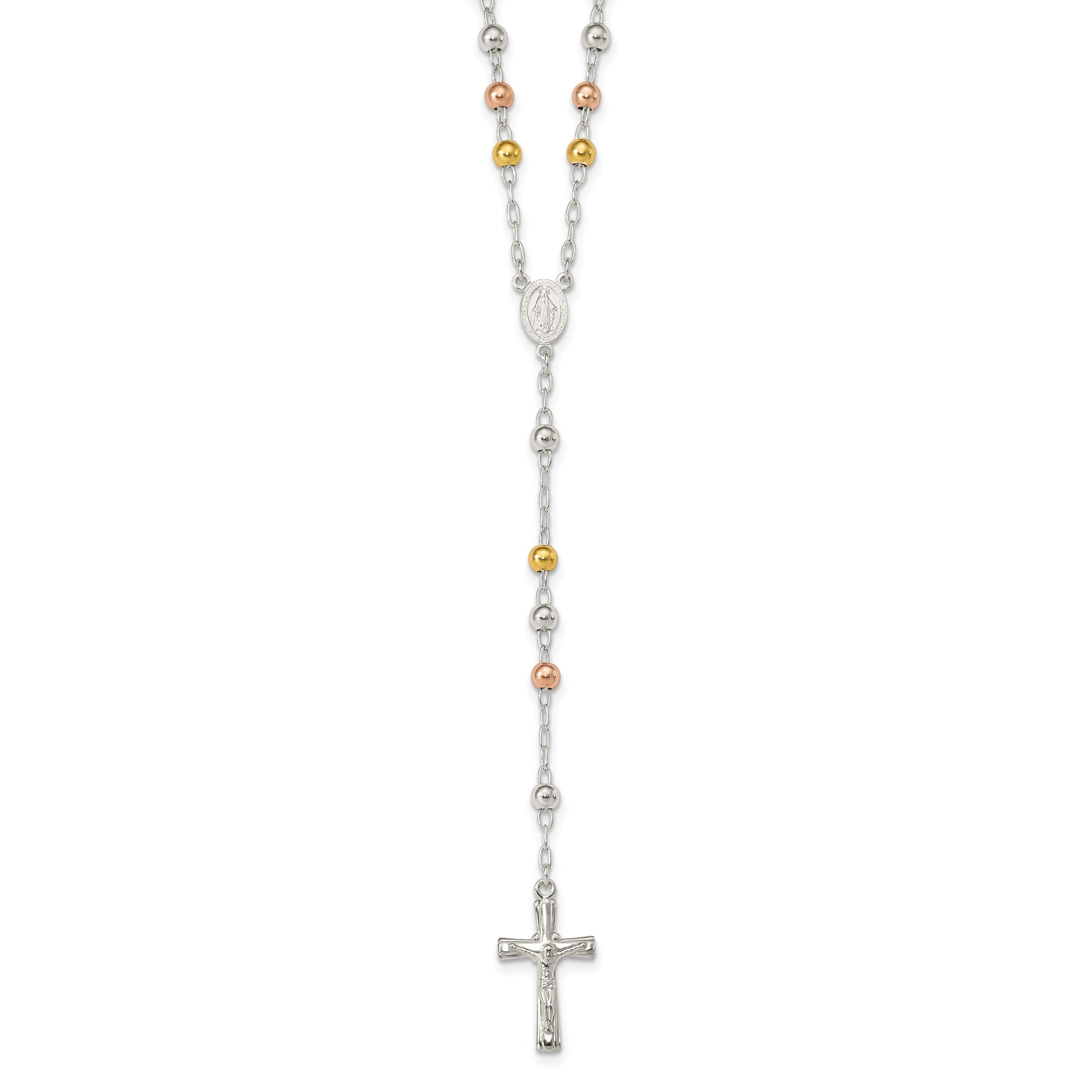 Sterling Silver Polished Rosary Tri-color Beads Necklace