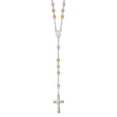 Sterling Silver Polished Rosary Tri-color Beads Necklace