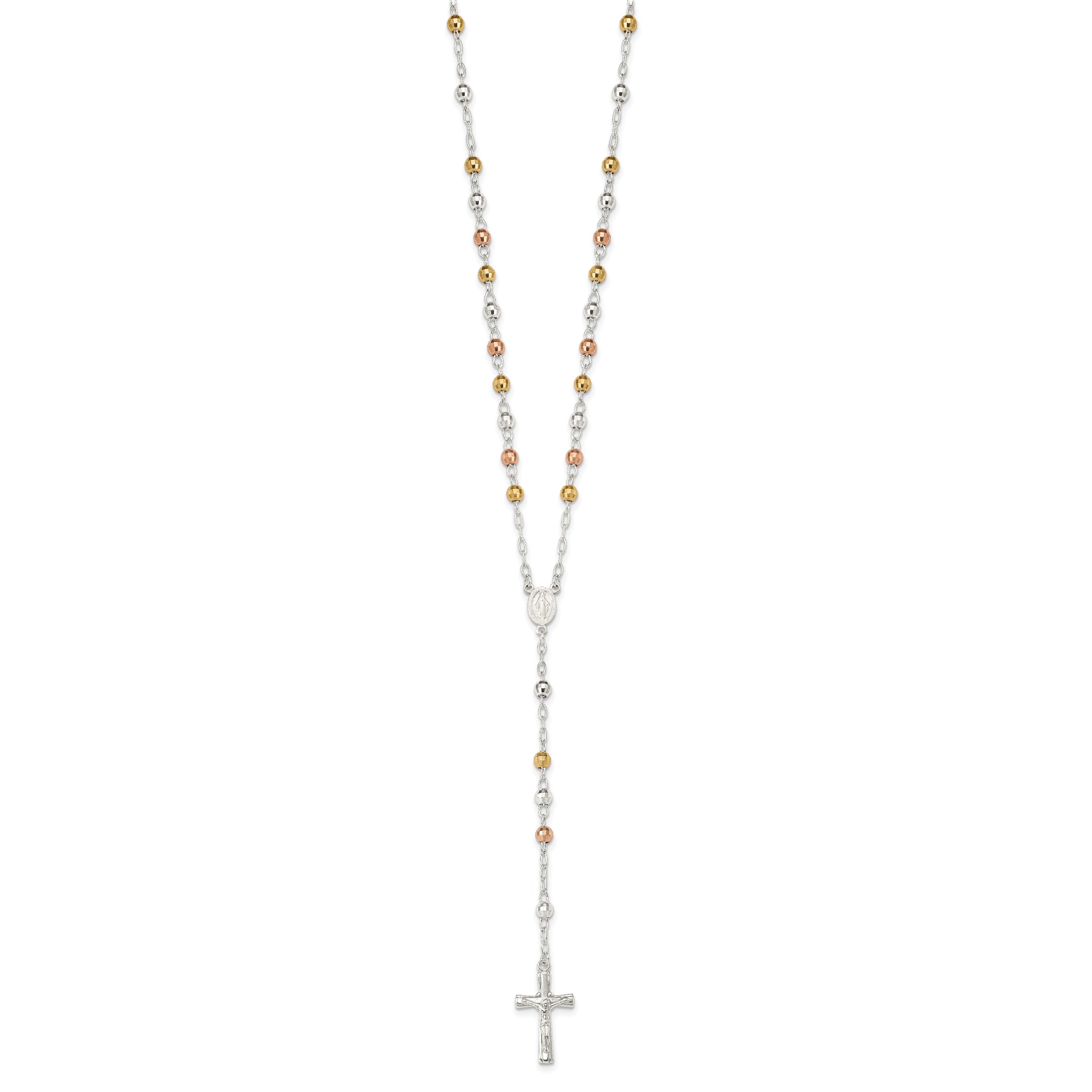 Sterling Silver Tri-color Polished Textured Bead Rosary 26 inch Necklace