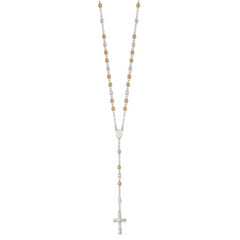 Sterling Silver Tri-color Polished Textured Bead Rosary 26 inch Necklace