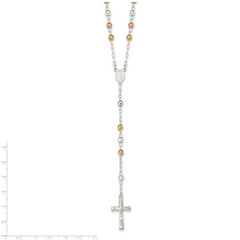 Sterling Silver Tri-color Polished Textured Bead Rosary 26 inch Necklace