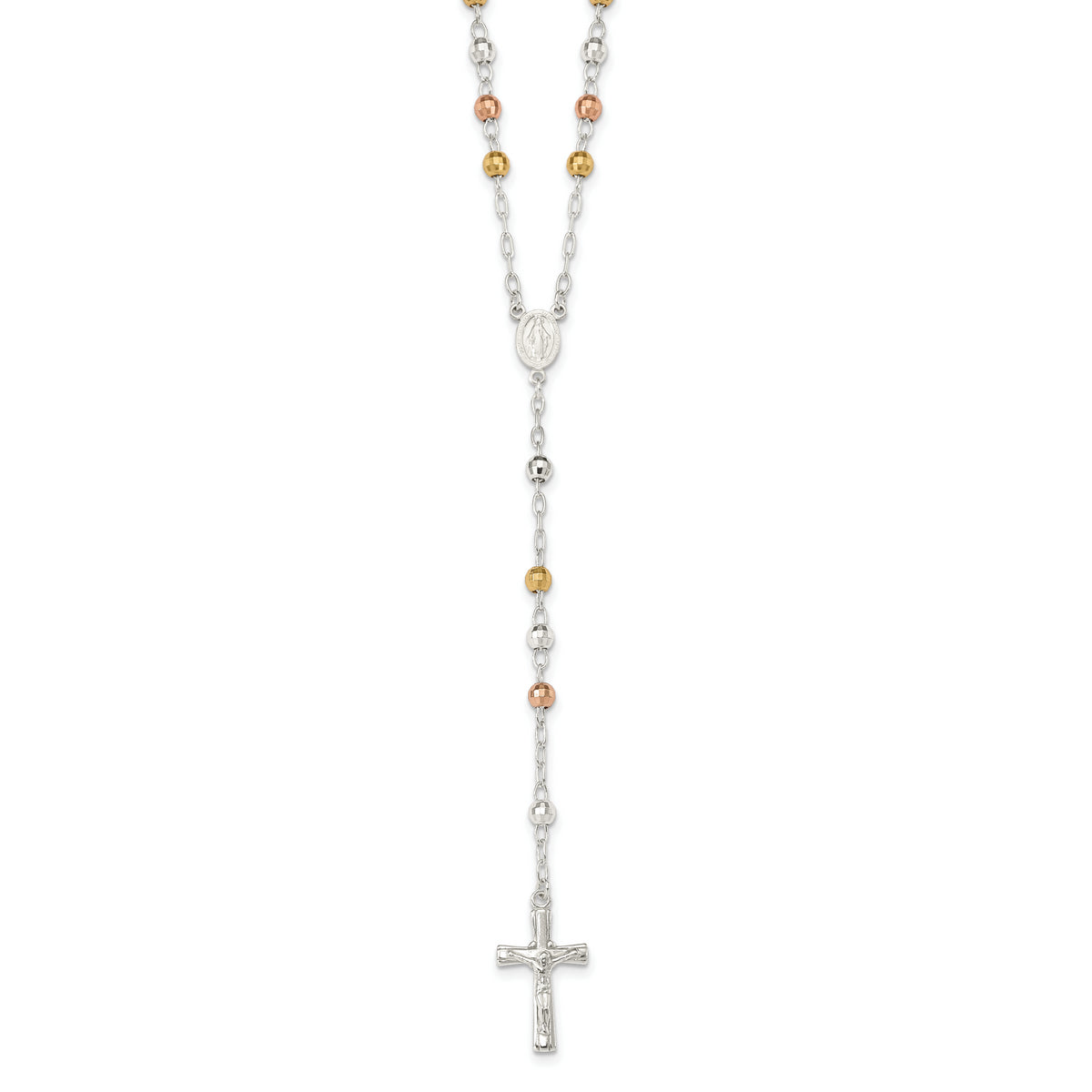 Sterling Silver Tri-color Polished Textured Bead Rosary 26 inch Necklace