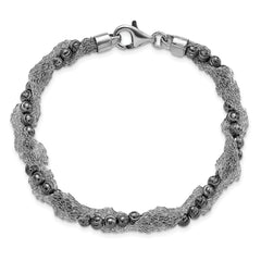 Sterling Silver Ruthenium-plated Fancy D/C Beaded & Mesh Bracelet