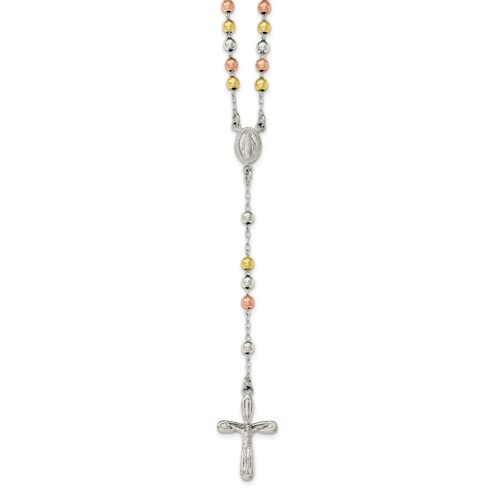 Sterling Silver Polished White, Rose and Yellow Rosary Necklace