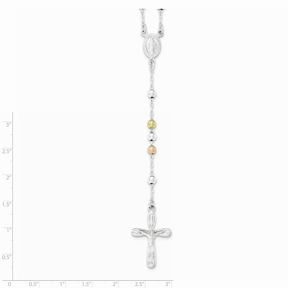 Sterling Silver Polished White, Rose and Yellow Rosary Necklace