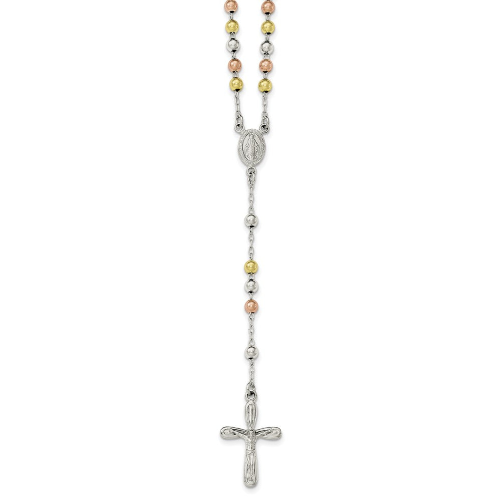 Sterling Silver Polished White, Rose and Yellow Rosary Necklace