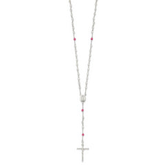 Sterling Silver Polished Crystal Rose Quartz Rosary Necklace