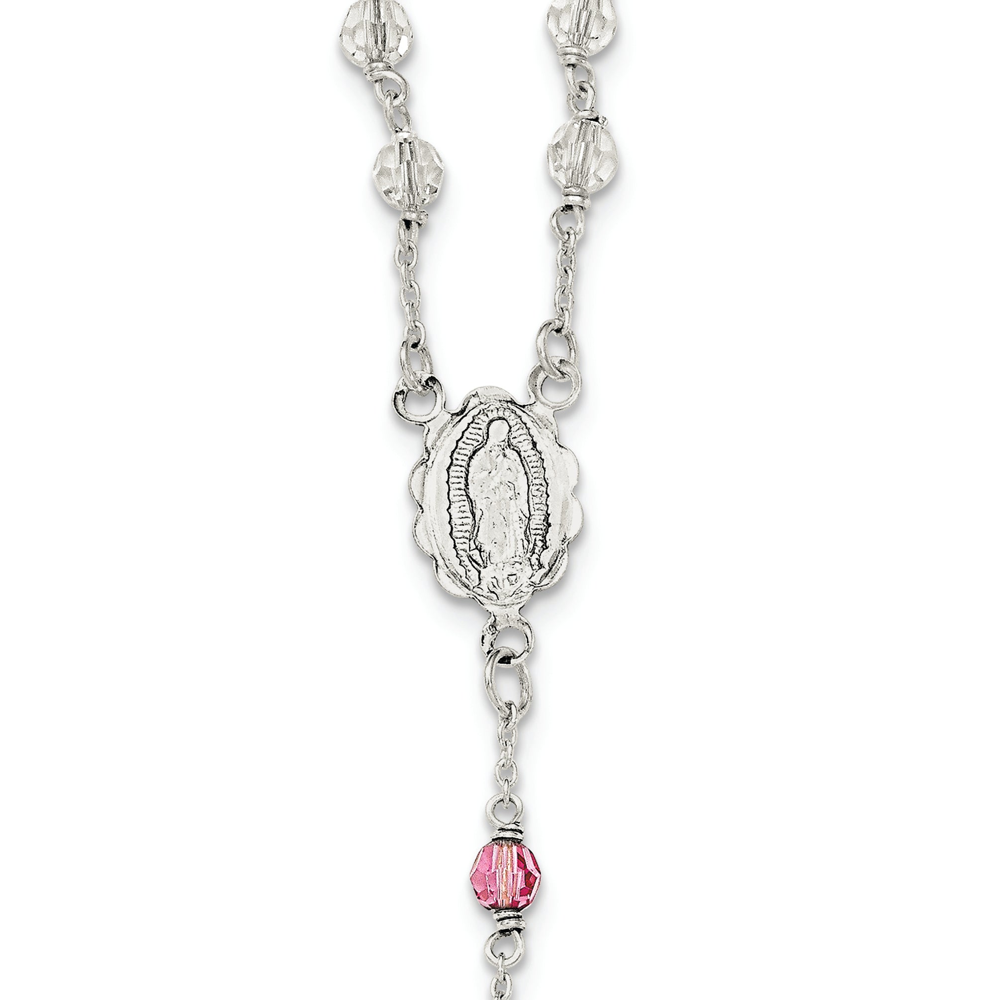 Sterling Silver Polished Crystal Rose Quartz Rosary Necklace