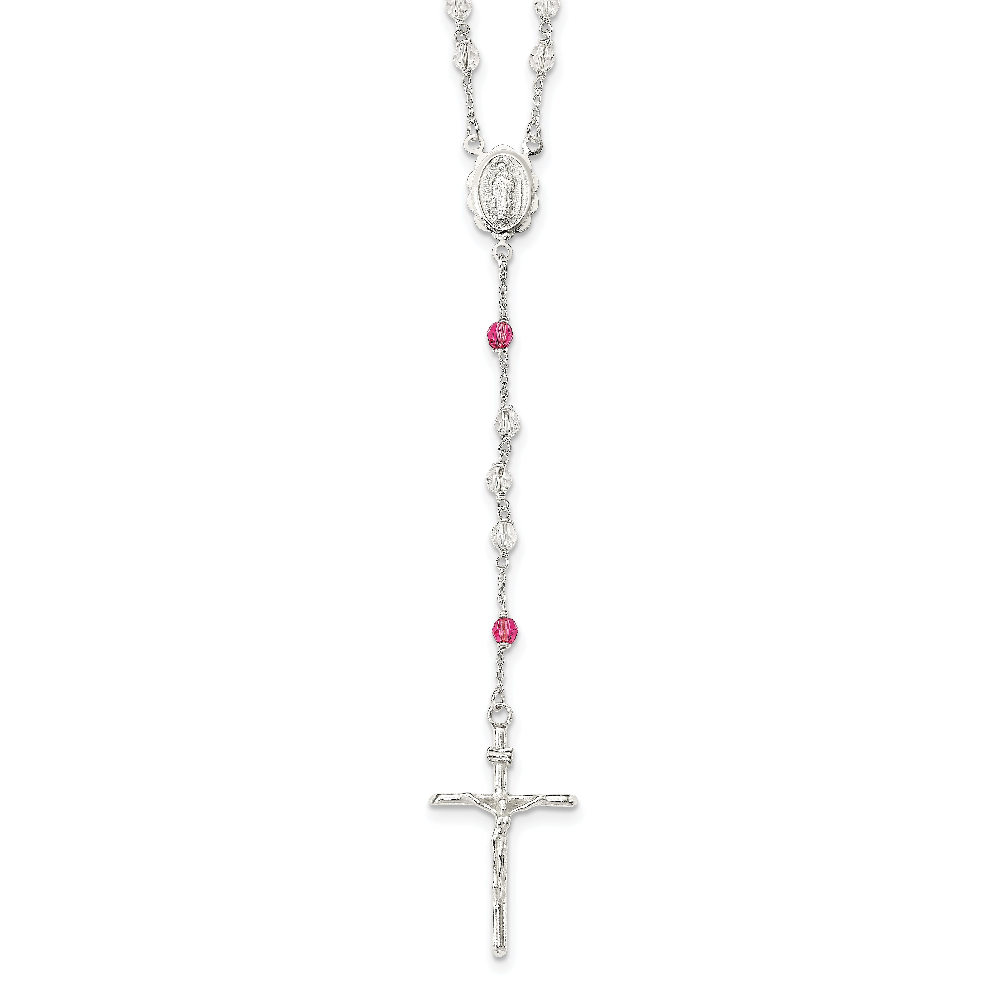 Sterling Silver Polished Crystal Rose Quartz Rosary Necklace