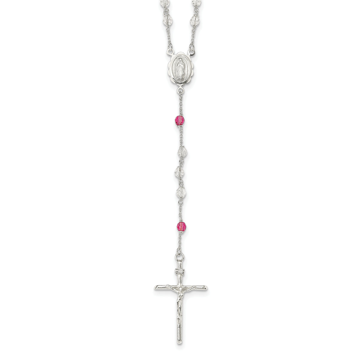 Sterling Silver Polished Crystal Rose Quartz Rosary Necklace