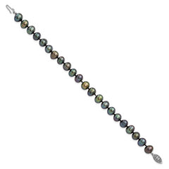 Sterling Silver Rhod-plated 7-8mm Black FW Cultured Pearl Bracelet