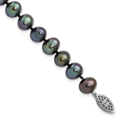 Sterling Silver Rhod-plated 7-8mm Black FW Cultured Pearl Bracelet