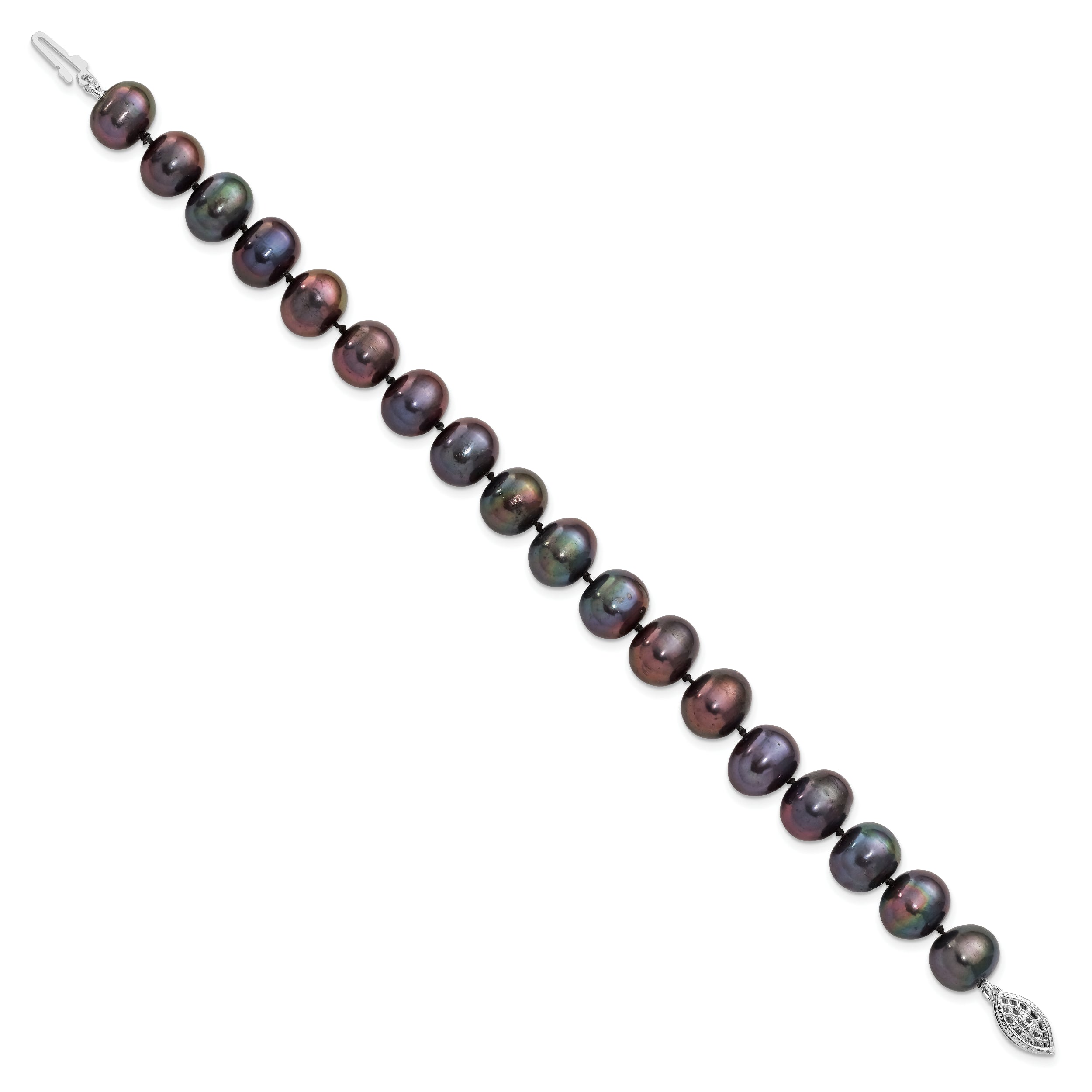 Sterling Silver Rhod-plated 9-10mm Black FWC Pearl Bracelet