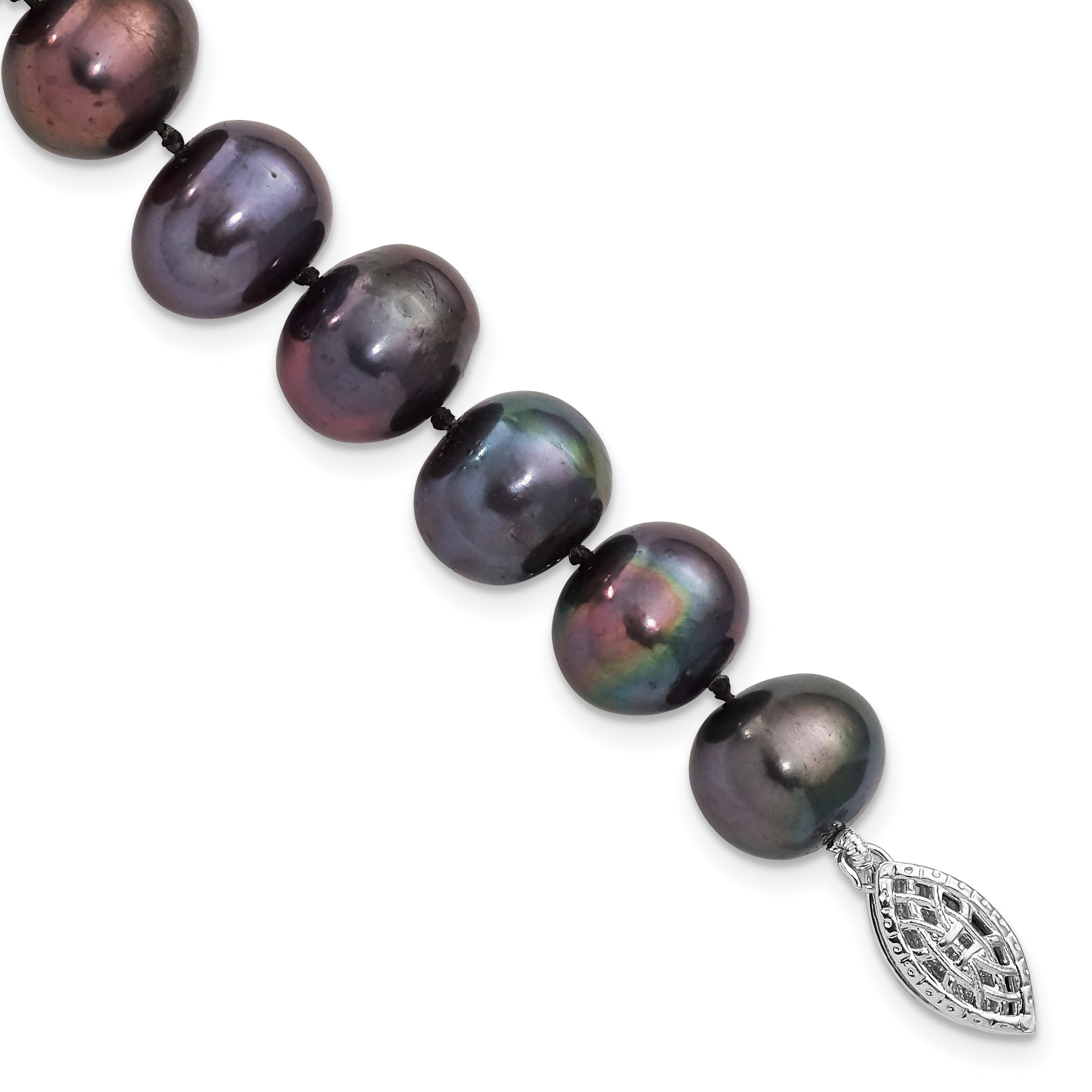 Sterling Silver Rhod-plated 9-10mm Black FWC Pearl Bracelet