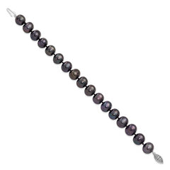 Sterling Silver Rhod-plated 10-11mm Black FWC Pearl Bracelet