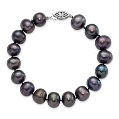 Sterling Silver Rhod-plated 10-11mm Black FWC Pearl Bracelet