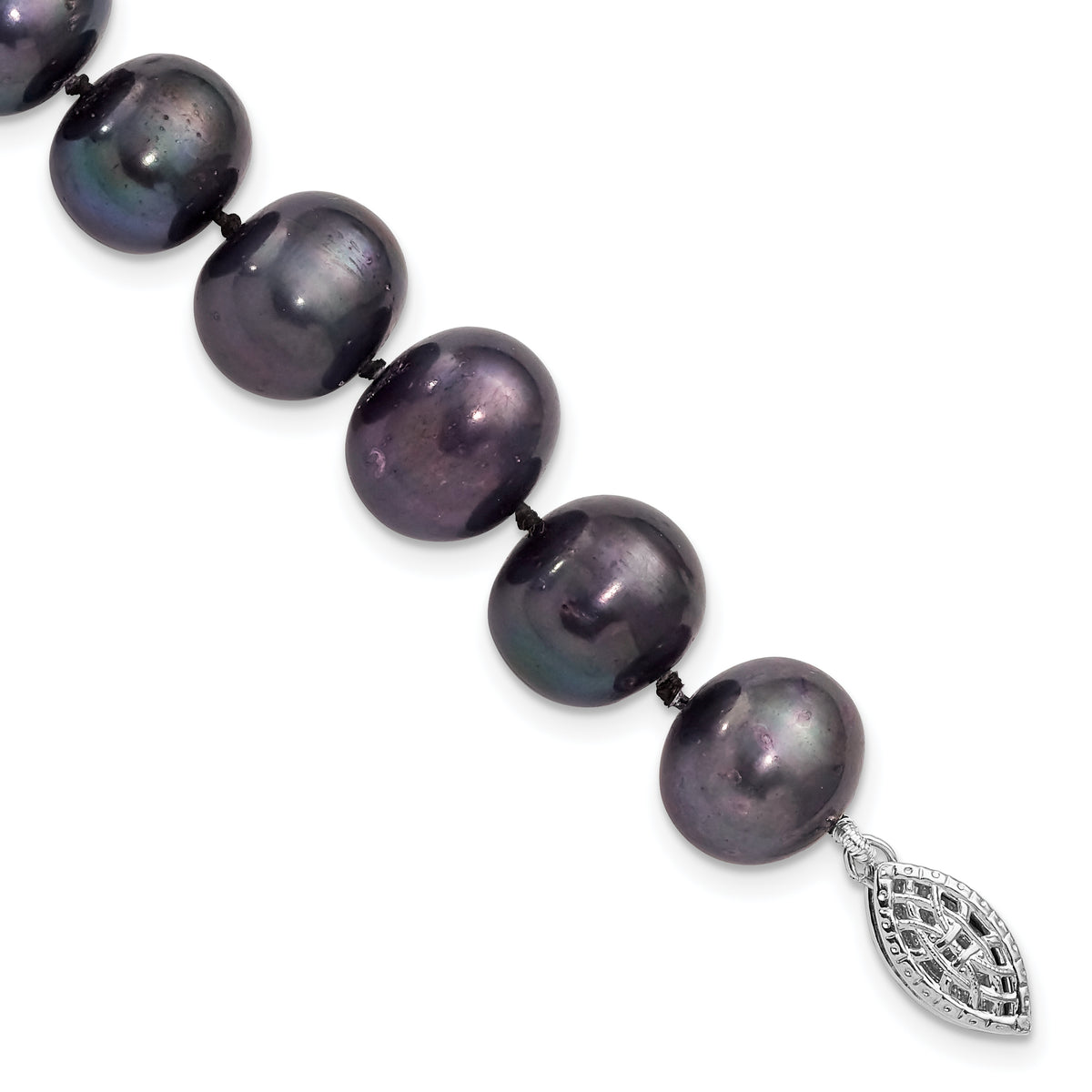 Sterling Silver Rhod-plated 10-11mm Black FWC Pearl Bracelet