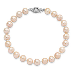 Sterling Silver Rhod-plated 7-8mm Pink FWC Pearl Bracelet